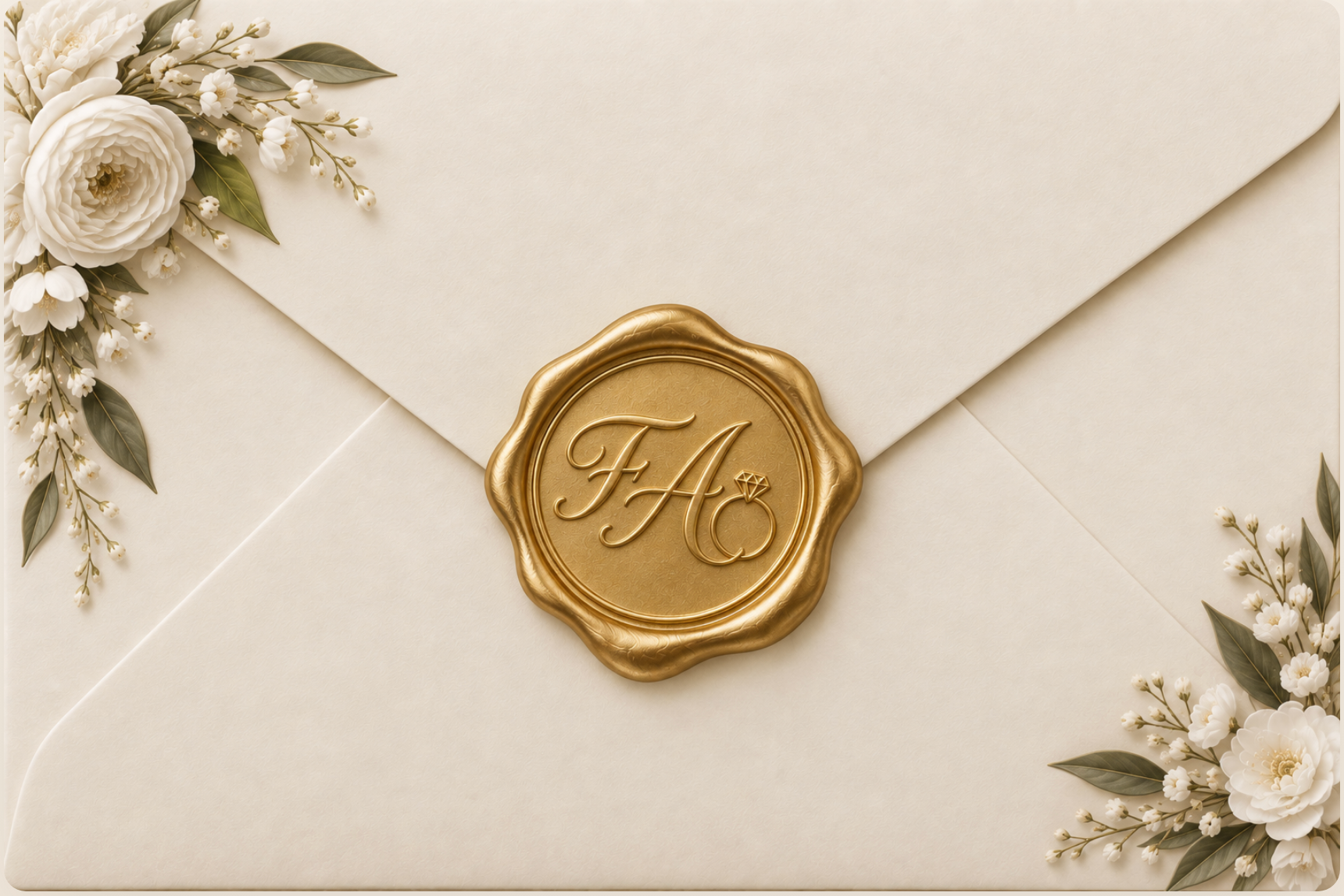 Elegant cremefarvet kuvert med blomster og FA-guldstempel